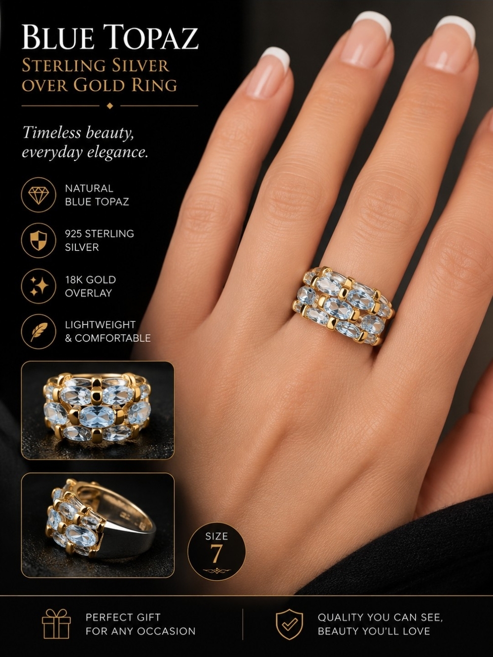Blue Topaz Sterling Silver over Gold Ring - Gold and Blue